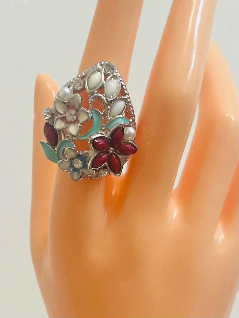 Vintage Floral Multicolor Enamel Pear Shaped Statement Ring Turquoise Red White